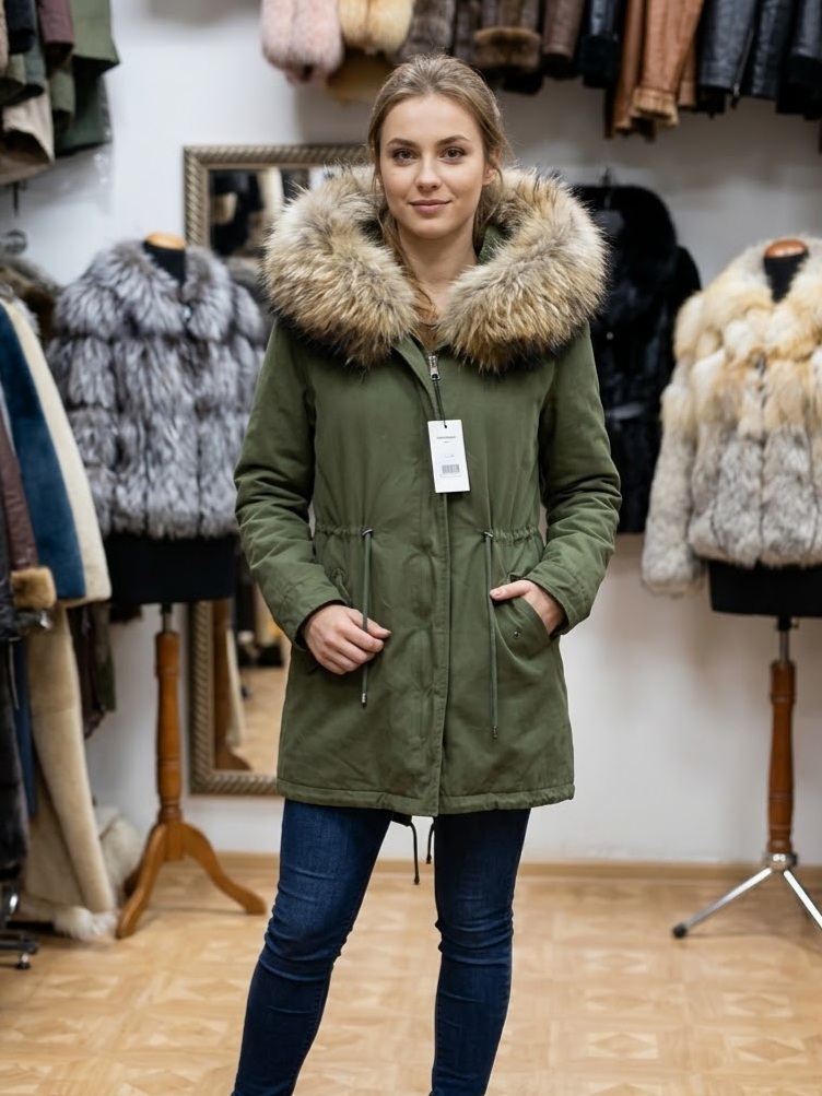 Kurtka Parka Khaki z Puszystym Obszyciem Kaptura z Jenota rozmiar L/XL
