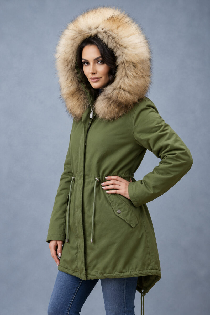 004 Kurtka Parka z Bogatym Obszyciem z Naturalnego Jenota rozmiar L